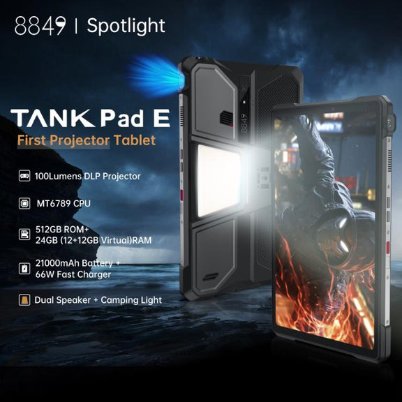 Unihertz 8849 Tank Pad E Rugged Tablet PC & Projector, 12GB+512GB, 10.95 inch Android 14 MT6789 Octa Core 4G Network, EU Plug (Black)