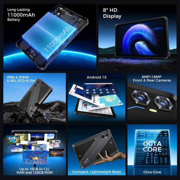 OUKITEL RT3 Plus 4G Network IP68/IP69K Rugged Tablet, 4GB+128GB, 8.0 inch Android 15 MediaTek G81 Octa-Core Support Dual SIM, EU Plug (Blue)
