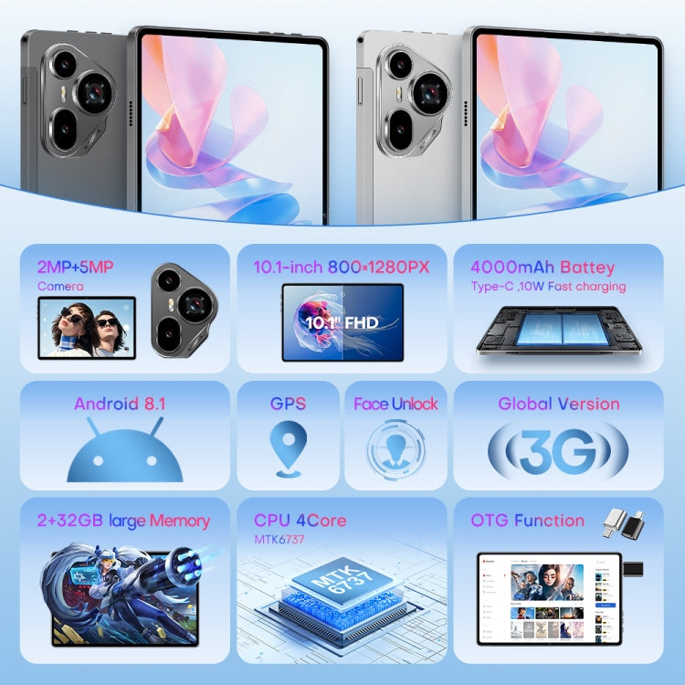 Pad7 Ultra 10.1 inch 3G Phone Call Tablet PC, 2GB+32GB, Android 8.1 MTK6737 Quad Core, US Plug (Silver)