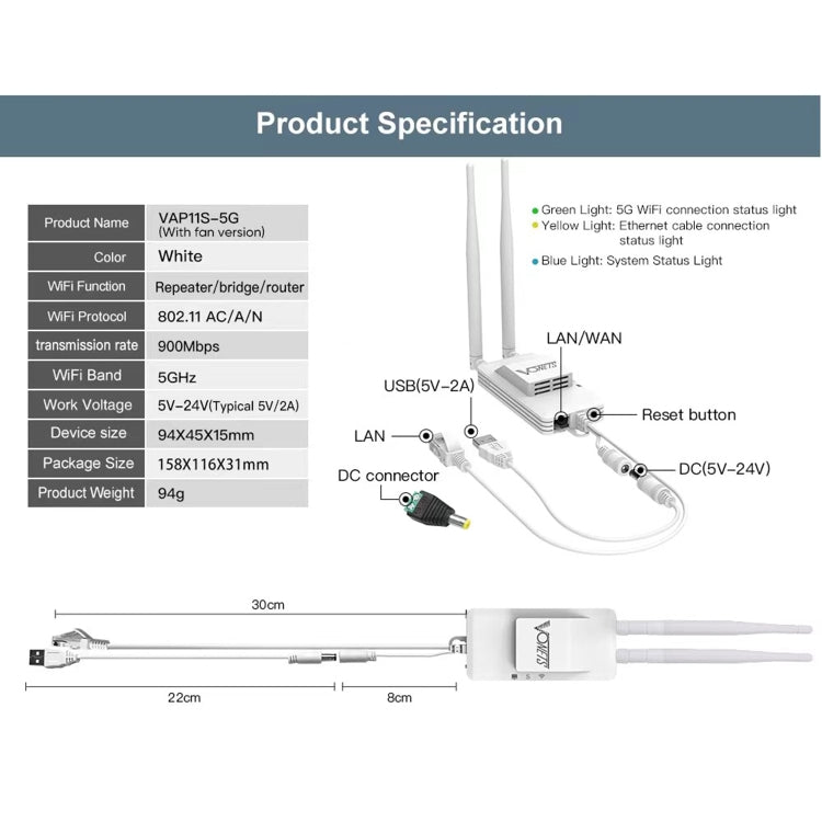 VONETS VAP11S-5G Mini Wireless Bridge 900Mbp WiFi Repeater with 2 Antennas & Fan (White)