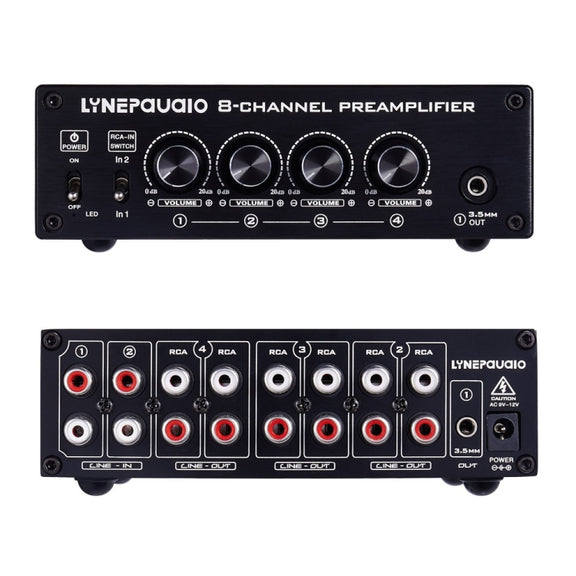 LINEPAUDIO B981 Pro 8-ch Pre-amplifier Speaker Distributor Switcher Speaker Comparator, Signal Booster with Volume Control & Earphone / Monitor Function (Black)