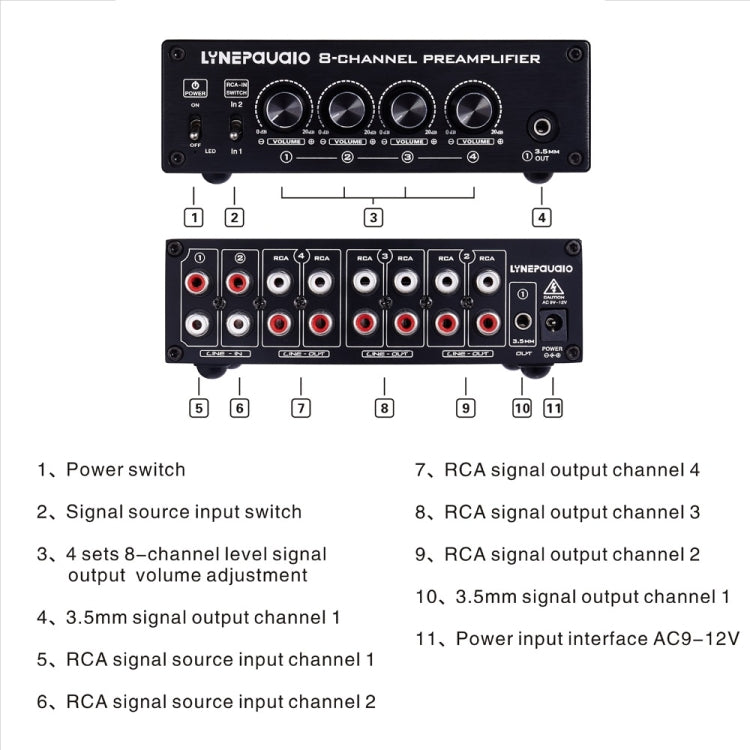 LINEPAUDIO B981 Pro 8-ch Pre-amplifier Speaker Distributor Switcher Speaker Comparator, Signal Booster with Volume Control & Earphone / Monitor Function (Black)