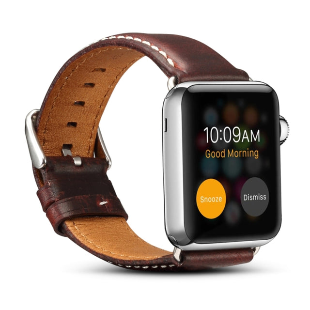 Denior Oil Wax Retro Watch Leather Watch Band for Apple Watch Series 7 45mm / 6 & SE & 5 & 4 44mm / 3 & 2 & 1 42mm (Dark Red)