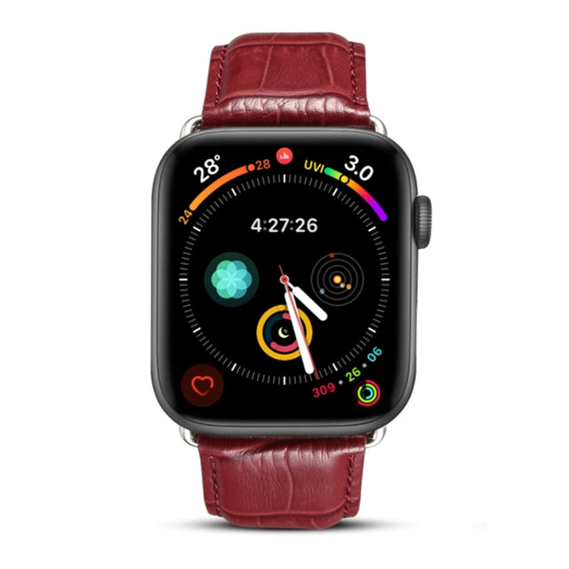 Denior Crocodile Grain Watch Cowhide Leather Watch Band for Apple Watch Series 10 42mm / 9&8&7 41mm / SE 3&SE 2&6&SE&5&4 40mm / 3&2&1 38mm (Dark Red)