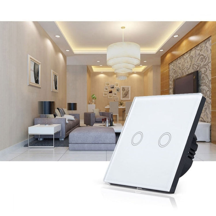 86mm 2 Gang Tempered Glass Panel Wall Switch Smart Home Light Touch Switch with RF433 Remote Controller, AC 110V-240V(White)
