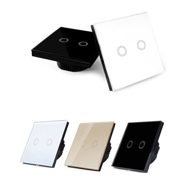 86mm 2 Gang Tempered Glass Panel Wall Switch Smart Home Light Touch Switch with RF433 Remote Controller, AC 110V-240V(Gold)