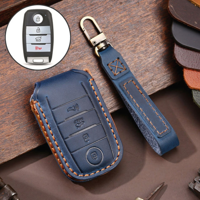 For Kia C133 4-button Hallmo Car Cowhide Leather Key Protective Cover Key Case(Blue)