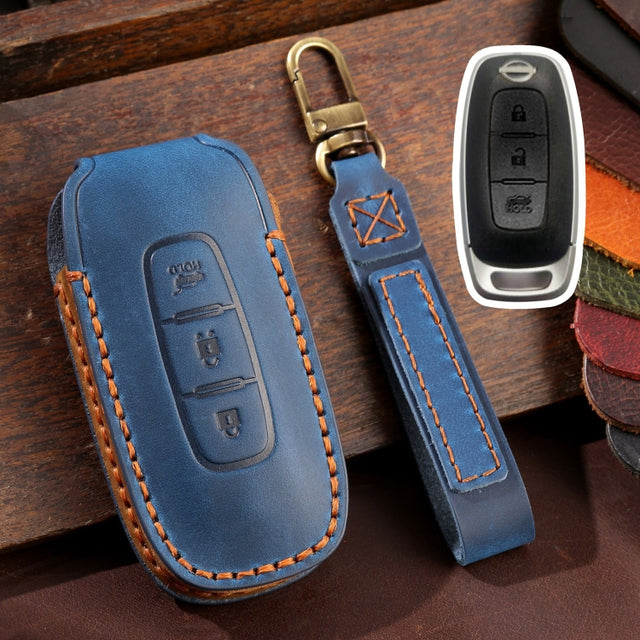 For Nissan Teana / Ariya 3-button Tail Box Hallmo Car Cowhide Leather Key Protective Cover Key Case(Blue)
