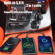 Ozio HX08 231W Type-C + USB Dual Port Car Charger with 3 in 1 Spring Data Cable