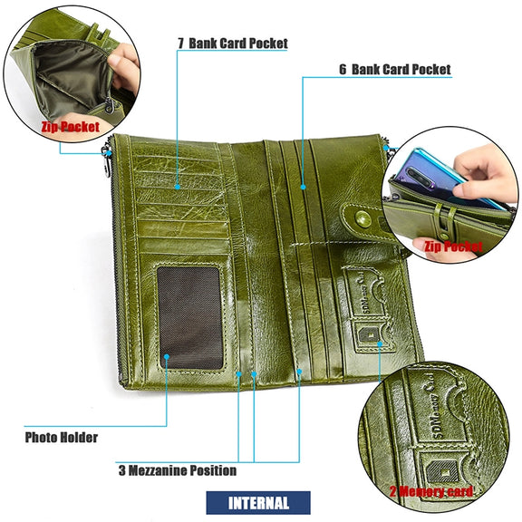 3520 Long Cowhide Leather Folding Anti-magnetic RFID Wallet for Ladies, with Card Slots(Red)