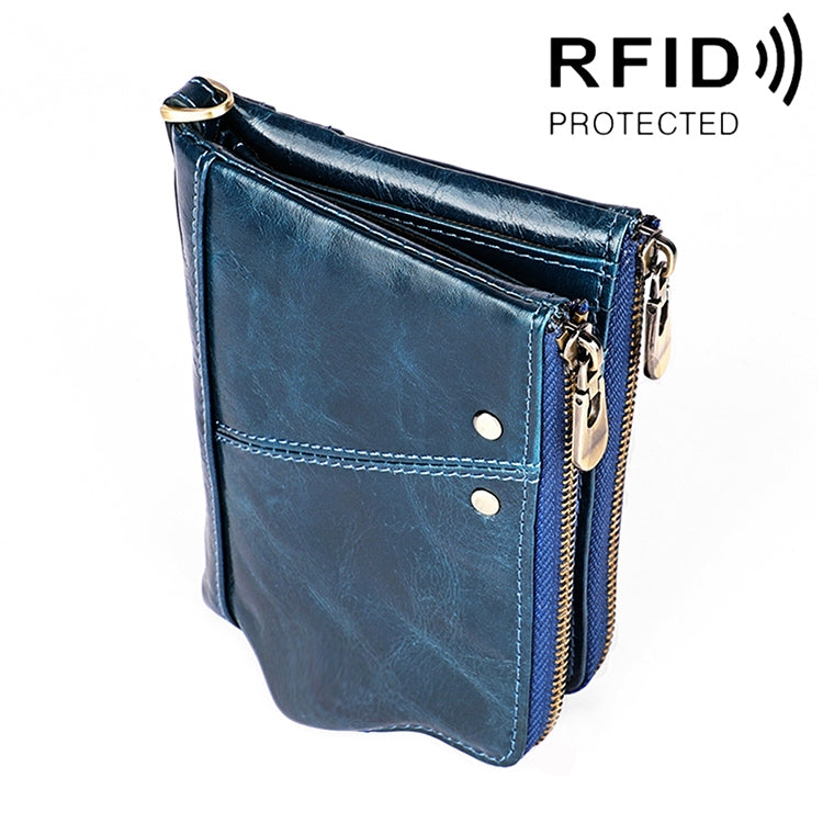 3533 Long Crazy Horse Texture Cowhide Leather Folding Anti-magnetic RFID Wallet Clutch Bag for Men, with Card Slots(Blue)