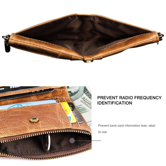 LT3533 Long Crazy Horse Texture Cowhide Leather Folding Anti-magnetic RFID Wallet Clutch Bag for Men, with Card Slots & Shoulder Strap(Coffee)