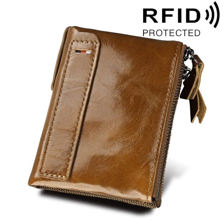 Genuine Cowhide Leather Crazy Horse Texture Dual Zipper Short Style Card Holder Wallet RFID Blocking Card Bag Protect Case for Men, Size: 12.1*9.4*2.7cm