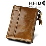 Genuine Cowhide Leather Crazy Horse Texture Dual Zipper Short Style Card Holder Wallet RFID Blocking Card Bag Protect Case for Men, Size: 12.1*9.4*2.7cm