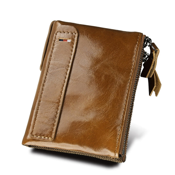 Genuine Cowhide Leather Crazy Horse Texture Dual Zipper Short Style Card Holder Wallet RFID Blocking Card Bag Protect Case for Men, Size: 12.1*9.4*2.7cm