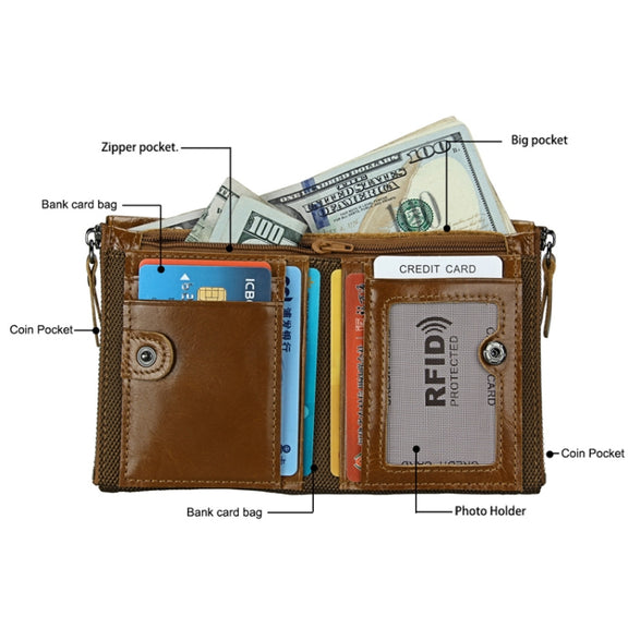 Genuine Cowhide Leather Crazy Horse Texture Dual Zipper Short Style Card Holder Wallet RFID Blocking Card Bag Protect Case for Men, Size: 12.1*9.4*2.7cm