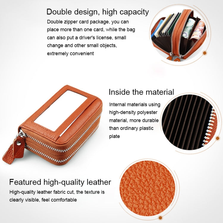 Genuine Cowhide Leather Dual Layer Solid Color Zipper Card Holder Wallet RFID Blocking Coin Purse Card Bag Protective Case with 11 Card Slots & Coin Position, Size: 11*7.5*4.5cm(Pink)