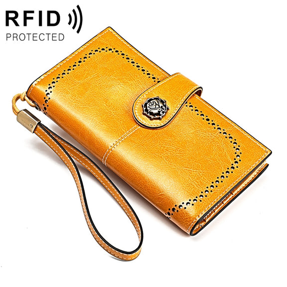 3526 Vintage Oil Wax Texture Large Capacity Long Multi-function Anti-magnetic RFID Wallet Clutch for Ladies (Yellow)