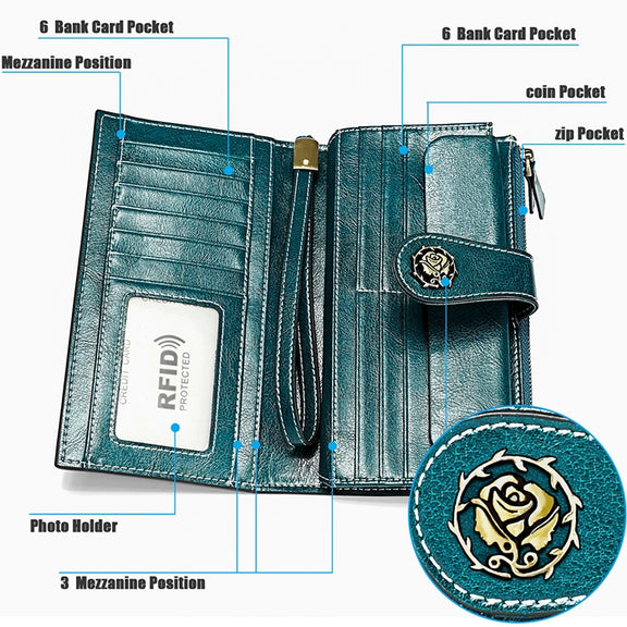 3526 Vintage Oil Wax Texture Large Capacity Long Multi-function Anti-magnetic RFID Wallet Clutch for Ladies (Yellow)