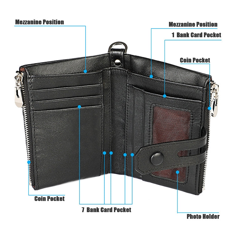 3529 Retro Crazy Horse Texture Double Zipper Anti-magnetic RFID Wallet for Man with Card Slots (Black)