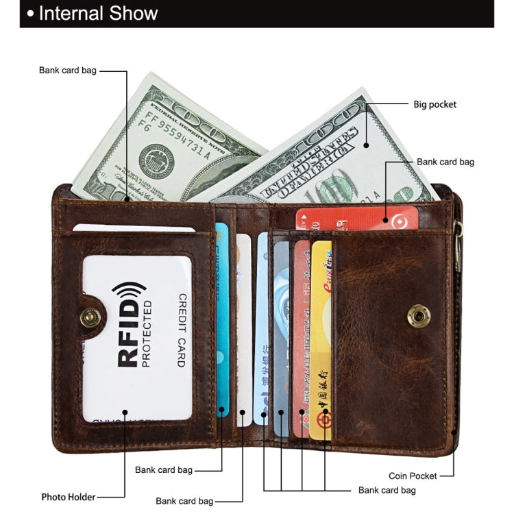 8231 Antimagnetic RFID Men Fashion Crazy Horse Textyure Genuine Leather Wallet Card Bag(Coffee)