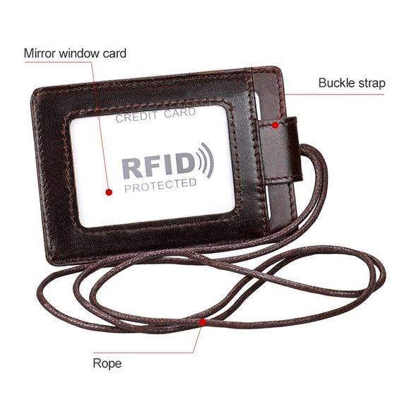 KB153 Antimagnetic RFID Leather Card Holder ID Card Badge with Lanyard(Coffee)