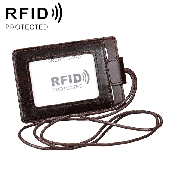 KB153 Antimagnetic RFID Leather Card Holder ID Card Badge with Lanyard(Coffee)