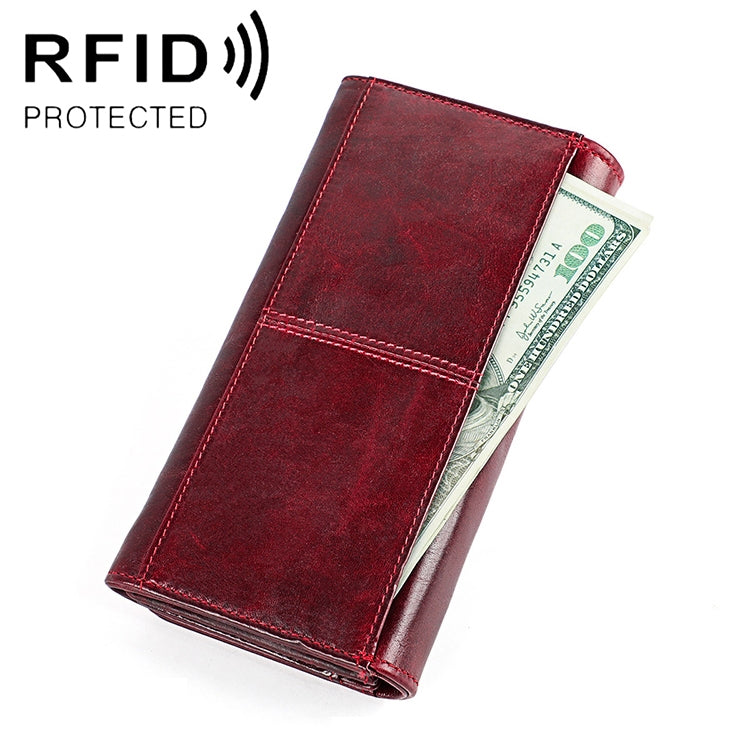 3559 Antimagnetic RFID Multi-function Zipper Retro Top-grain Leather Lady Purse Wallet (Wine Red)