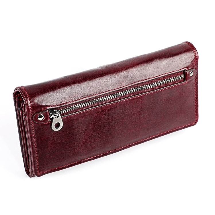 3559 Antimagnetic RFID Multi-function Zipper Retro Top-grain Leather Lady Purse Wallet (Wine Red)