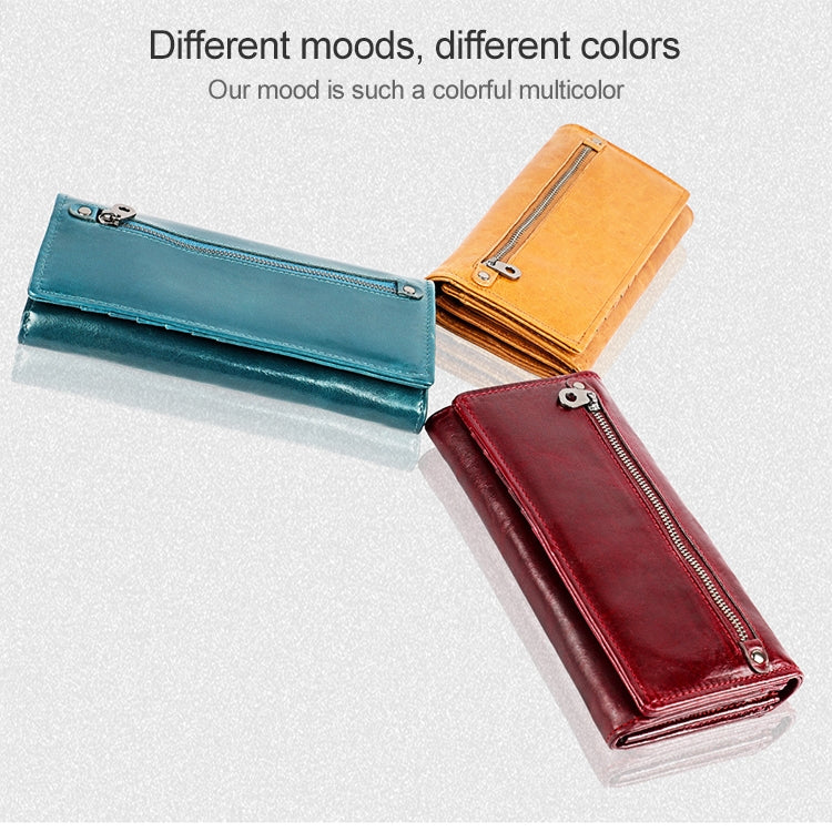 3559 Antimagnetic RFID Multi-function Zipper Retro Top-grain Leather Lady Purse Wallet (Yellowish-brown)