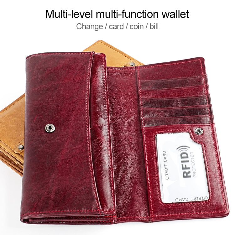 3559 Antimagnetic RFID Multi-function Zipper Retro Top-grain Leather Lady Purse Wallet (Yellowish-brown)