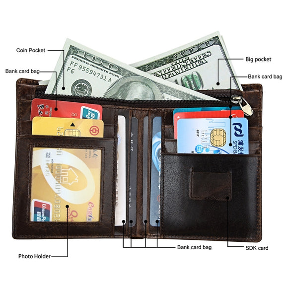 8232 Antimagnetic RFID Men Oil Wax Leather Wallet with Detachable Card Holder