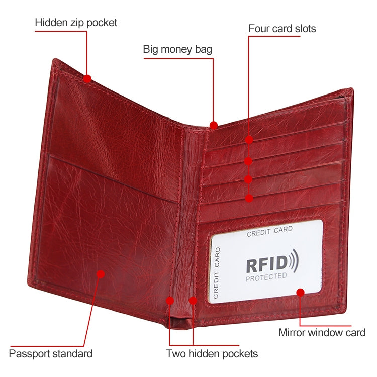 8235 Antimagnetic RFID Multi-function Crazy Horse Texture Leather Wallet Passport Bag(Yellowish-brown)
