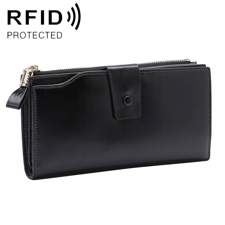 8236 Antimagnetic RFID Multi-function Oil Wax Leather Lady Wallet Large-capacity Purse (Black)