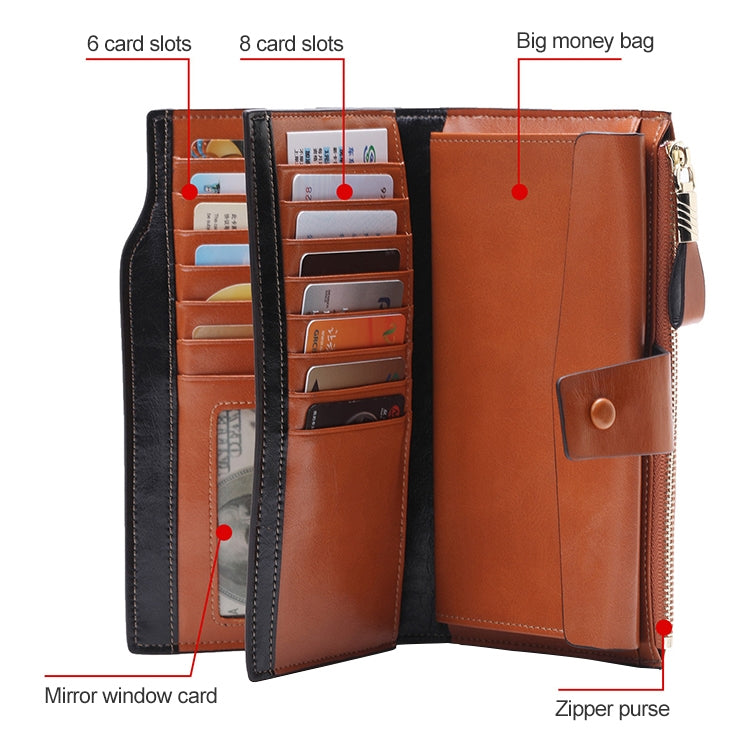 8236 Antimagnetic RFID Multi-function Oil Wax Leather Lady Wallet Large-capacity Purse (Rose Red)