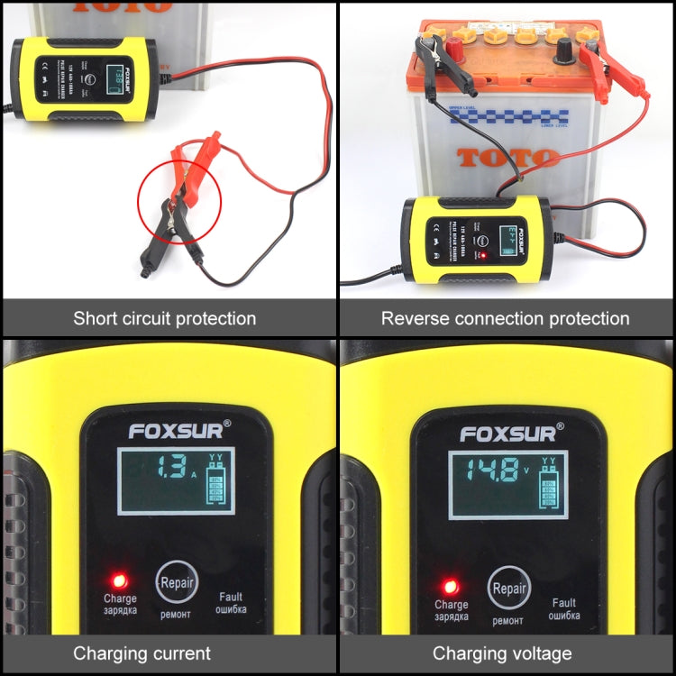 FOXSUR 12V 6A Intelligent Universal Battery Charger for Car Motorcycle, Length: 55cm, EU Plug(Yellow)