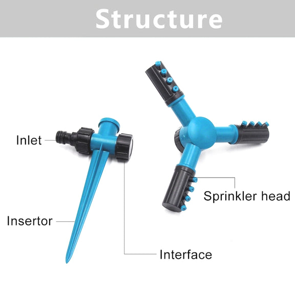 Automatic 360 Rotating Adjustable Garden Water Sprinklers Lawn Irrigation System with 3 Arm Sprayers and Spike Base(Blue)