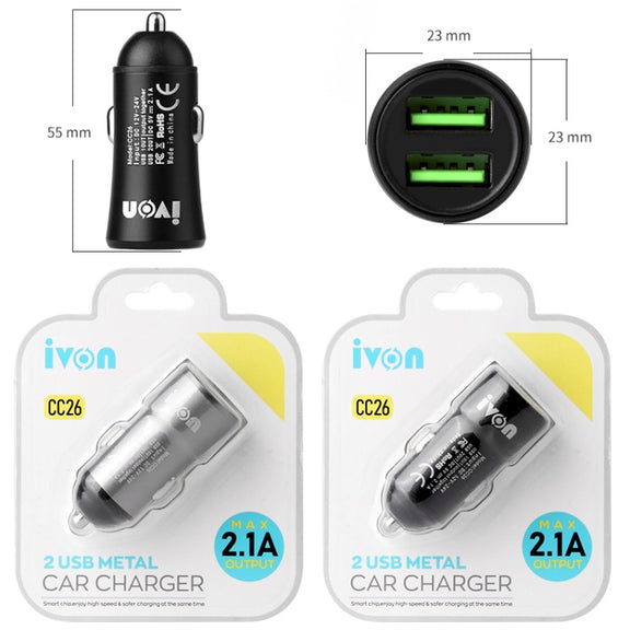 IVON CC26 5V 2.1A Dual USB Port Mini Car Charger (Grey)