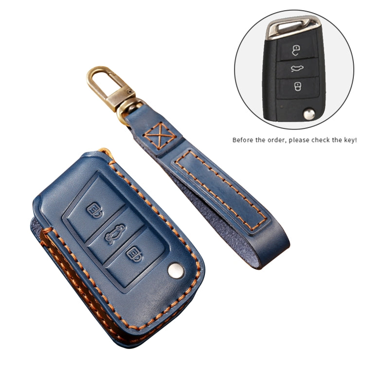 Hallmo Car Cowhide Leather Key Protective Cover Key Case for Volkswagen Lavida B Style(Blue)