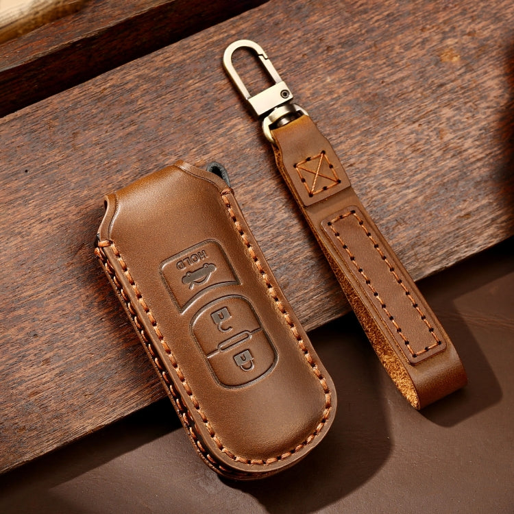 Hallmo Car Cowhide Leather Key Protective Cover Key Case for Mazda Axela 3-button(Brown)