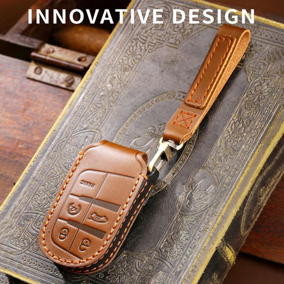 Hallmo Car Genuine Leather Key Protective Cover for Jeep Compass 4-button(Brown)