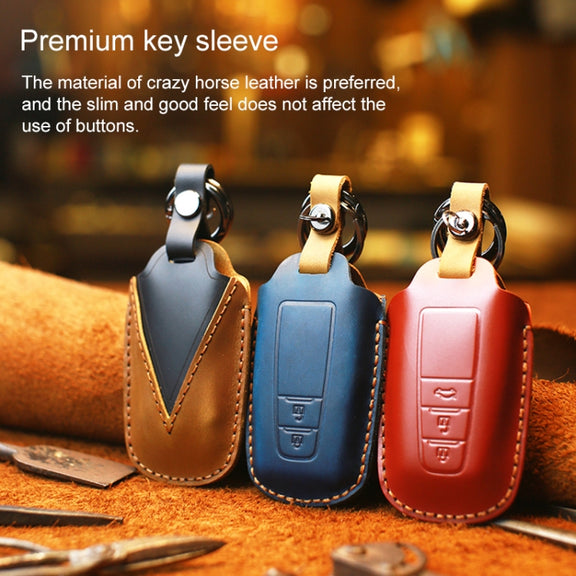 For Toyota Car Cowhide Leather Key Protective Cover Key Case, Three Keys Version (Blue)