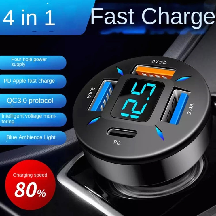 2pcs 4 in 1 USB PD20W+QC3.0+2.4A Digital Display Car Fast Charger