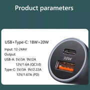 2pcs PD 20W Aluminum Alloy Dual Interface Car Fast Charger (Grey)