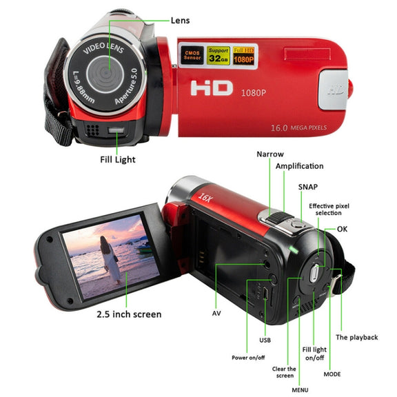 16X Digital Zoom HD 16 Million Pixel Home Travel DV Camera, EU Plug(Red)