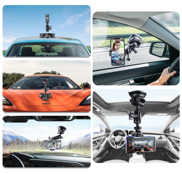 Single Suction Cup Mount Phone Holder with Tripod Adapter & Steel Tether & Safety Buckle (Black)