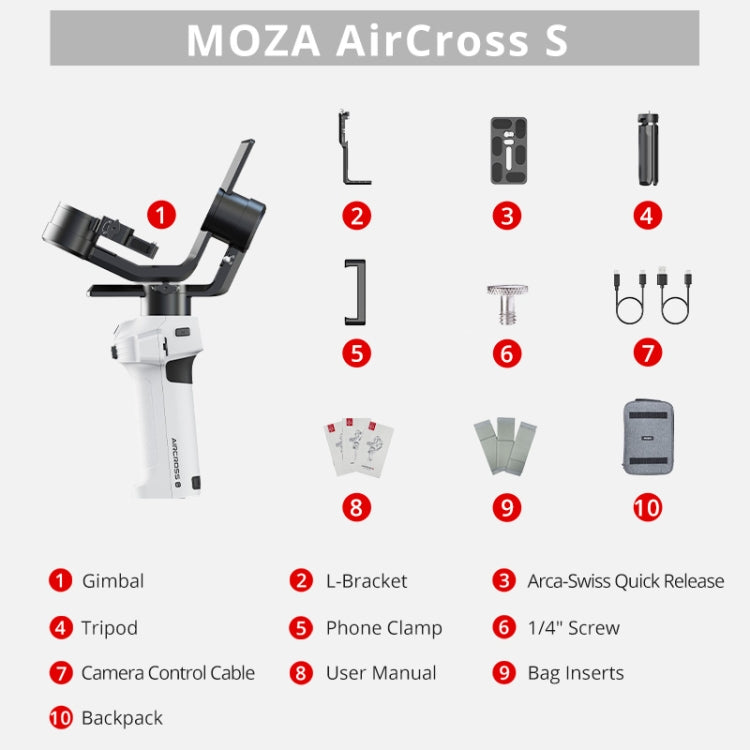 MOZA AirCross S 3 Axis Foldable Handheld Gimbal Stabilizer for DSLR Cameras and Smart Phone (White)