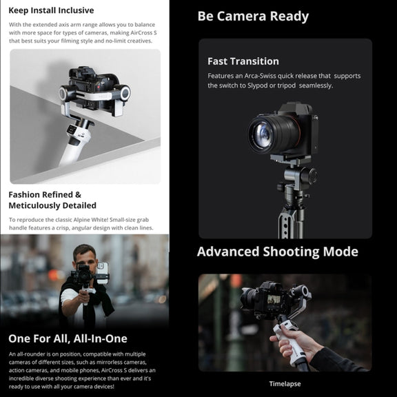MOZA AirCross S 3 Axis Foldable Handheld Gimbal Stabilizer for DSLR Cameras and Smart Phone (White)
