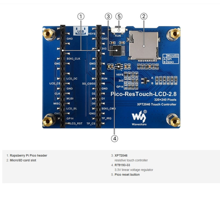 WAVESHARE 2.8 inch 262K Colors 320 x 240 Pixel Touch Display Module for Raspberry Pi Pico, SPI Interface