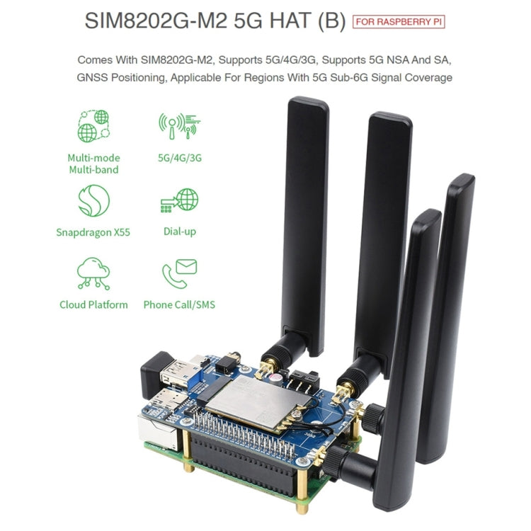 Waveshare SIM8202G-M2 5G HAT B Multi Band Snapdragon X55 Module Board for Raspberry Pi